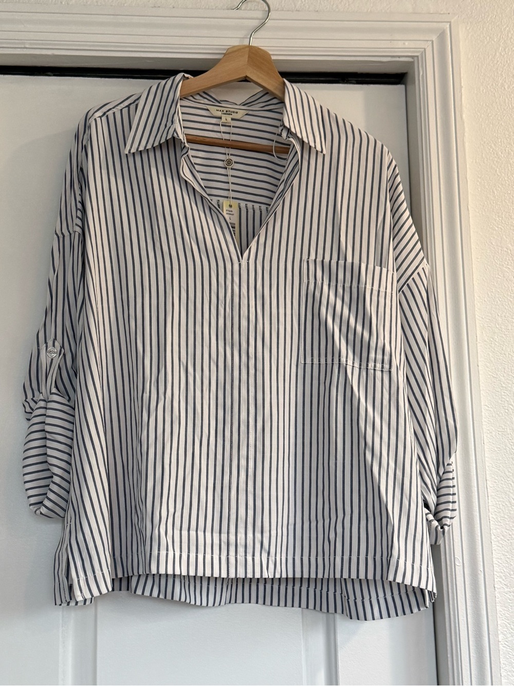Max Studio White & Navy Striped V-Neck Button-Tab Shirt